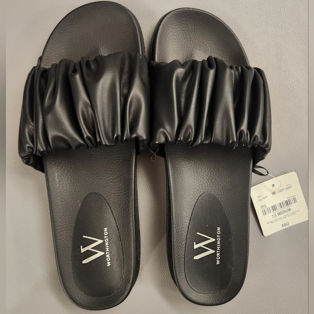 Worthington Black Ruffle Slide Sandals